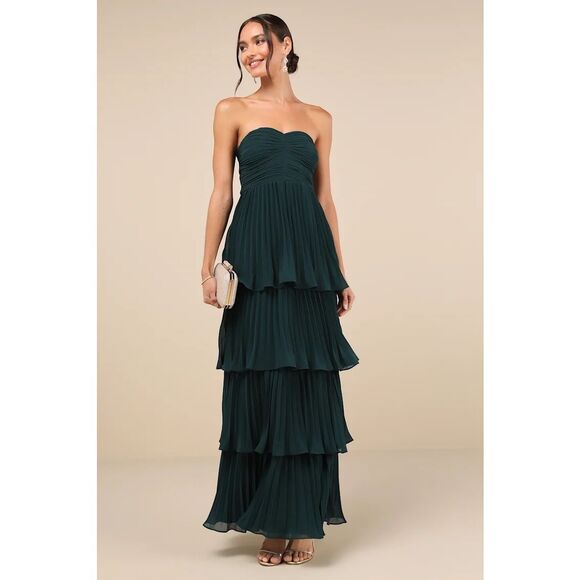 Lulus Seriously Sensational Emerald Strapless Tiered Maxi Dress Size L NWT - Picture 1 of 9